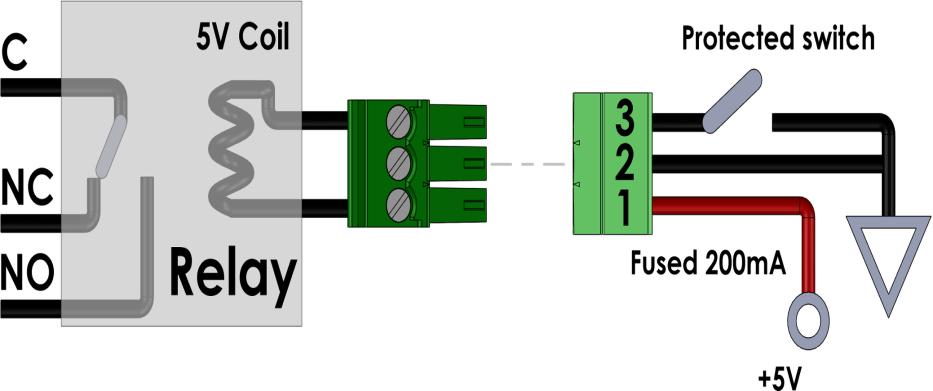 Auxiliary Output Configurations External Relay Externally Powered Device External Relay: An external relay is normally used to switch a voltage or current which is beyond the direct switching
