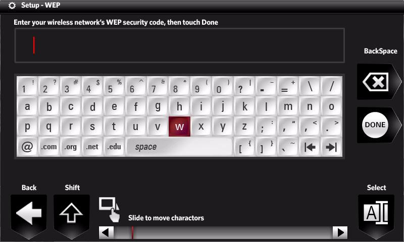 Setting up for wireless operation security key (WEP or WPA) on the on-screen keyboard.