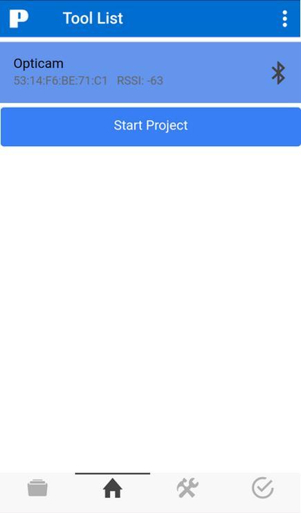 Connect the App to the Tool Connect to the OptiCam 2 tool, pull down to refresh the list, and select the appropriate tool name from the list. Then select Start Project.