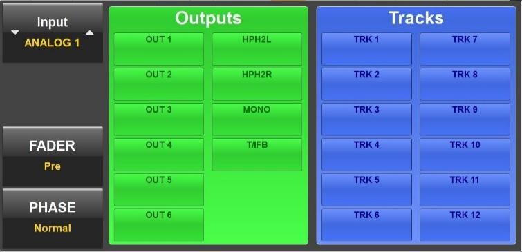 Please note that any changes made in this menu will be reflected in the output and track routing menus, and any changes to those menus will be reflected in this matrix.