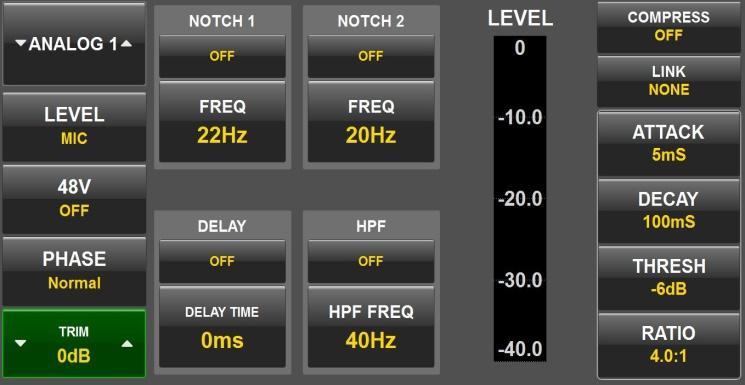 Nomad Touch Input Configure Selecting INPUT CONFIG opens the setup page for the 10 analog inputs (6 Mic/Line, and 4 line level returns) and 8 AES digital inputs.