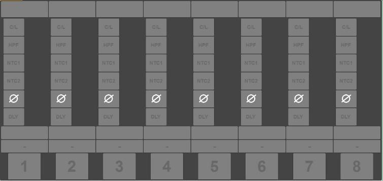 Meters Menu The meters menu shows the 8 input fader strips for the inputs that are routed to the fader bank in the fader assign menu. Any unassigned fader will be grayed out.