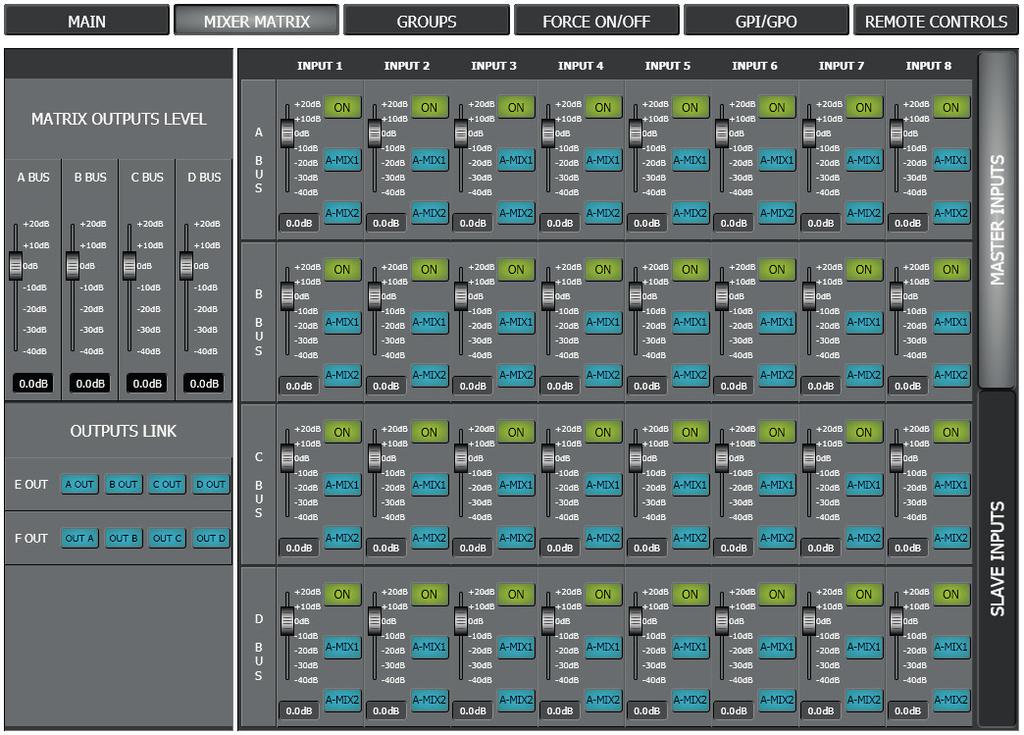 ENGLISH MIXER MATRIX section Click MIXER MATRIX (above, in the software main window) to access the audio matrix where nodes can be managed.