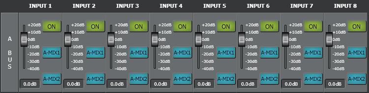 Matrix nodes ENGLISH For each bus, every audio input has the following controls: ON: toggles the audio input in the correspondent bus. It is the main switch of the node.