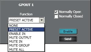 MUTE OUTPUT: the logic output is activated when the selected audio output is muted. MUTE IN: the logic output is activated when the selected audio input is muted.