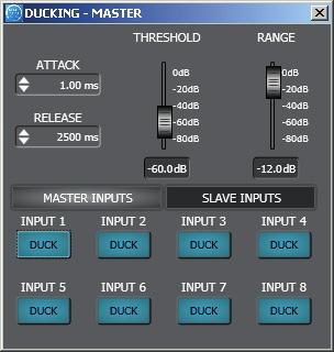 PRIORITY FUNCTION ('DUCKING') This function allows to get automatic level attenuation of one or more audio inputs (if selected with DUCK buttons) when a signal is detected at the input(s) with the