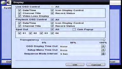 33 VMAX A1 Digital Video Recorder - Display Options- Setup OSD information in live and playback modes, transparency, spot output, sequence dwell time, spot-out dwell time, and pop-up camera o OSD: