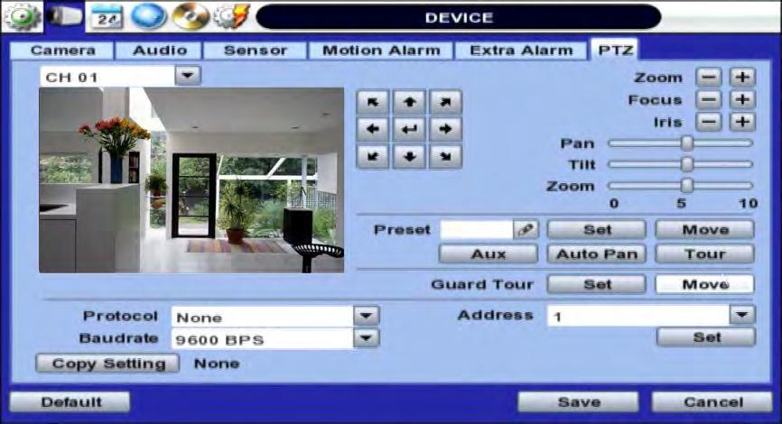 41 VMAX A1 Digital Video Recorder 4.2.6 PTZ Full control and setup of supported PTZ cameras is available in this menu. For more information on controlling PTZ cameras in live mode, see section 3.