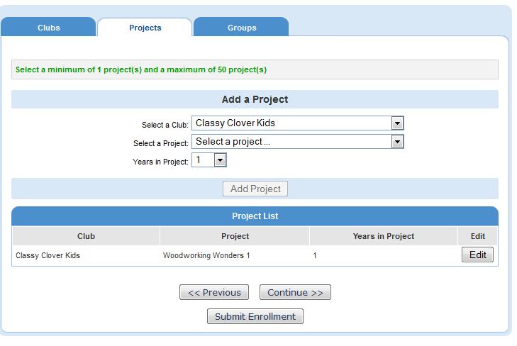 Add a Project The next step is to choose the projects you wish to enroll in. Projects are all listed in the dropdown box. Choose one, select Add Project, then you may add more.
