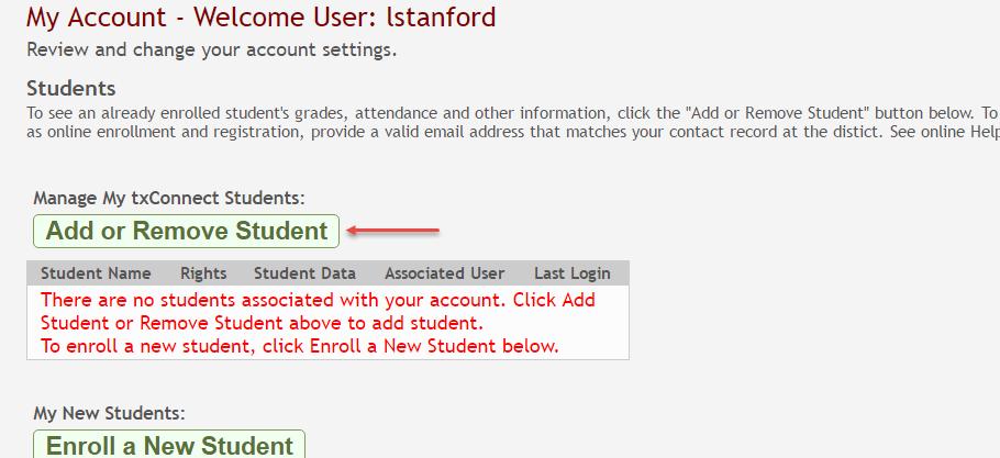 The Add Student to txconnect fields are