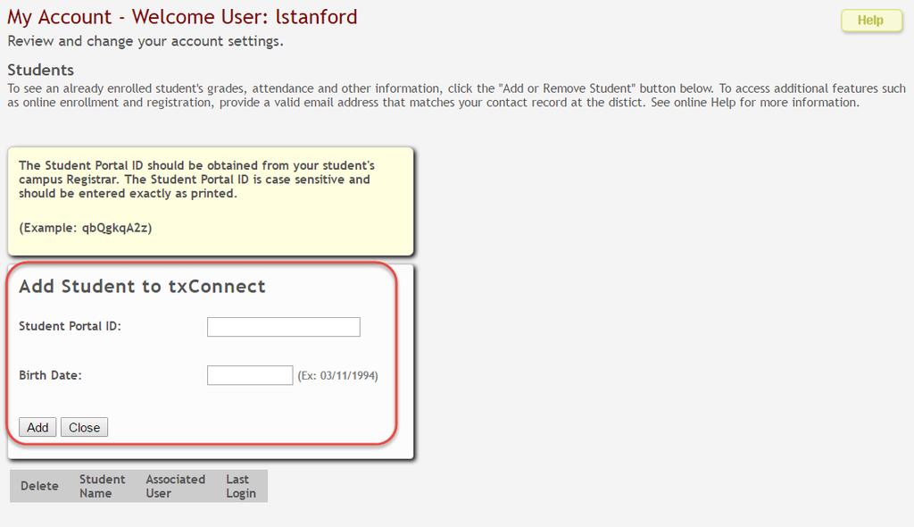 Type the Student Portal ID and birth date.