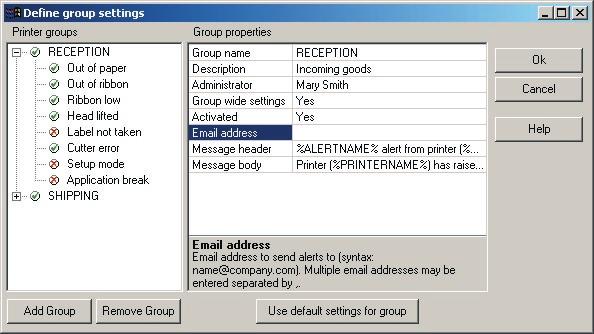 Chapter 5 Program Overview Settings Menu, cont. Group Settings Use this window to define the properties for all printers on a specified group.
