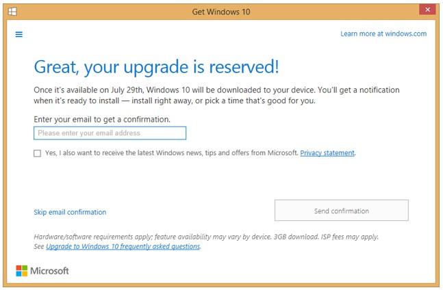 If you would like to continue with reserving the upgrade to Windows 10 you can click on the 'Reserve' button which will take you to the following window where you can enter your email address to
