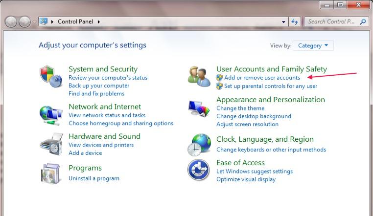 Click on the Control Panel menu option, shown by the red arrow in the picture below. Fig 1. Start Menu 3. When the Control Panel opens you will see a screen similar to the one below.