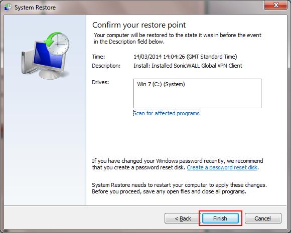 Recommended Restore If you selected the Recommended Restore point you will see a screen similar to the one below.