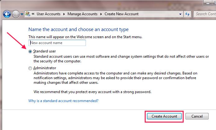 Fig 3.Manage Accounts 6. In the New account name field enter the name of the new account that you would like to create. This could be a person's first name, full name, nickname or anything.