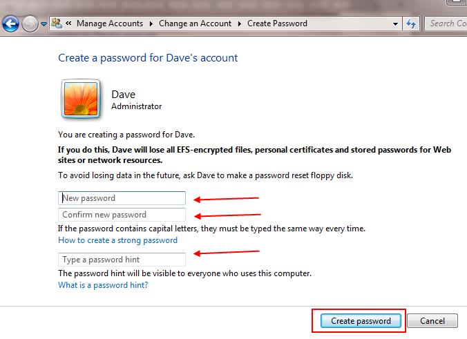 Enter the password you want to use into the new password box and also in the Confirm new password