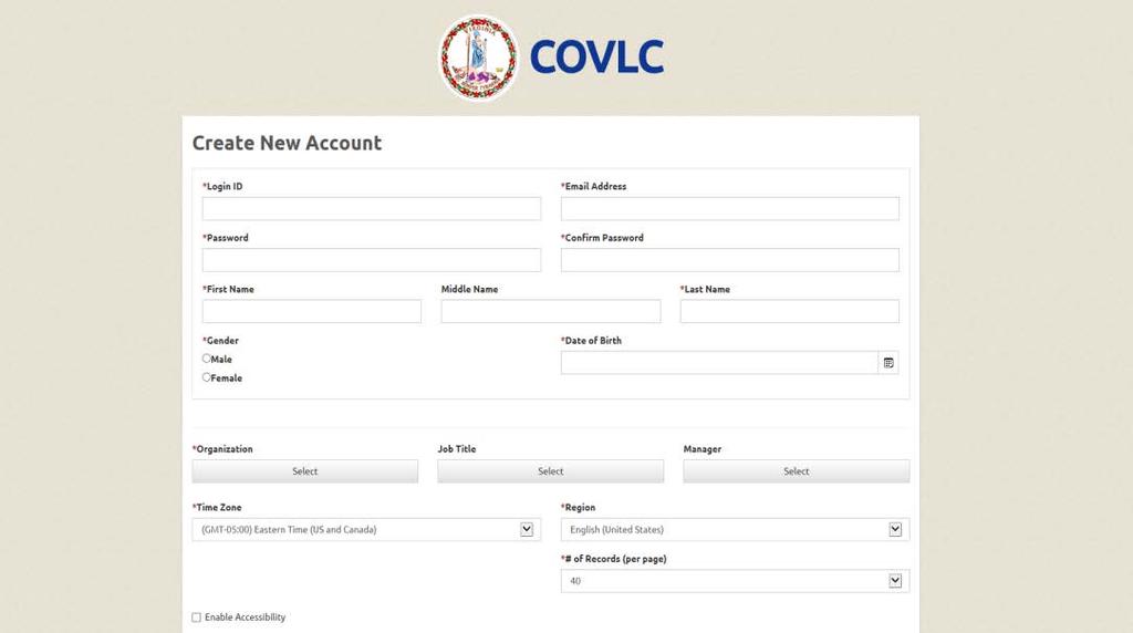 Create New Account Screen - All entry fields with an asterisk are required fields. 1. *Login ID: Create a Login ID.
