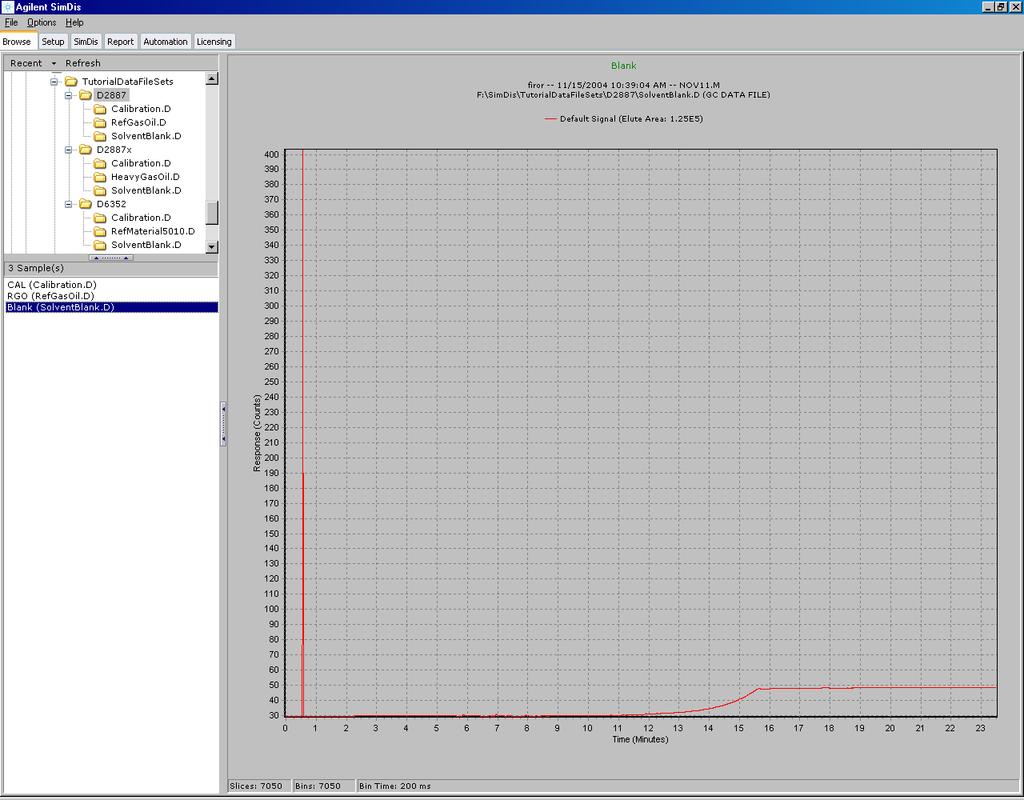 SimDis Data Analysis Tutorial Solvent blank data selected Full path and displayed data Figure 6 Data folder for D 2887 SolventBlank.