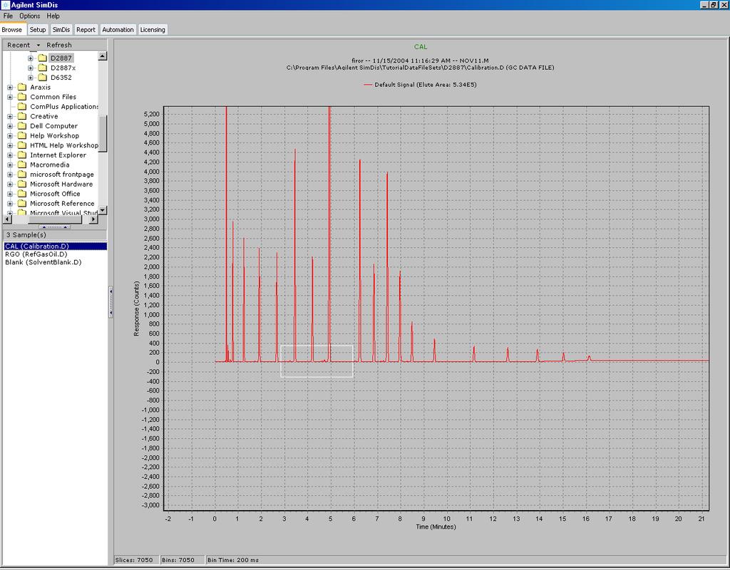 SimDis Data Analysis Tutorial To zoom in (magnify) a selected chromatogram portion Magnify a desired portion of the chromatographic display by creating a box around the portion of interest: 1 Place