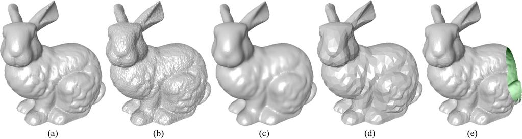 Figure 1. The Bunny model and four attacked versions: (a) the original mesh with 34835 vertices and 104499 edges; (b) after noise addition (A = 0.30%); (c) after Laplacian smoothing (λ = 0.