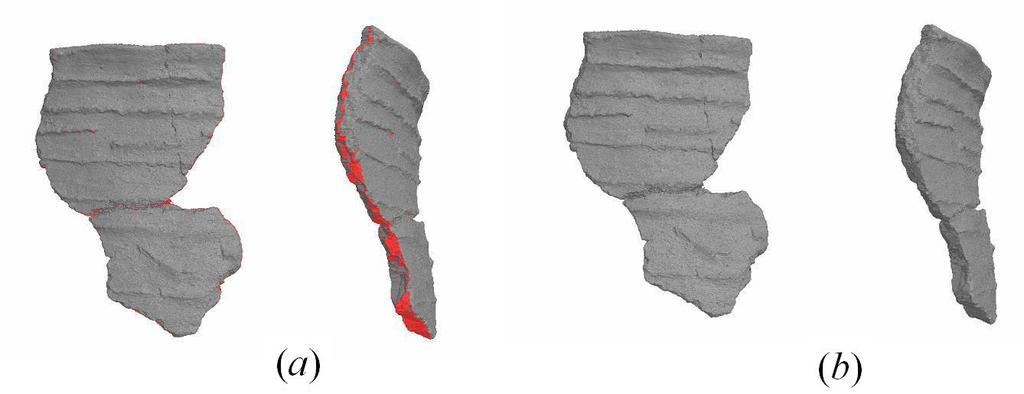 Figure 11: (a) 3D model with a hole, (b) result of the hole filling algorithm. (The data is provided by Tokyo National Museum.