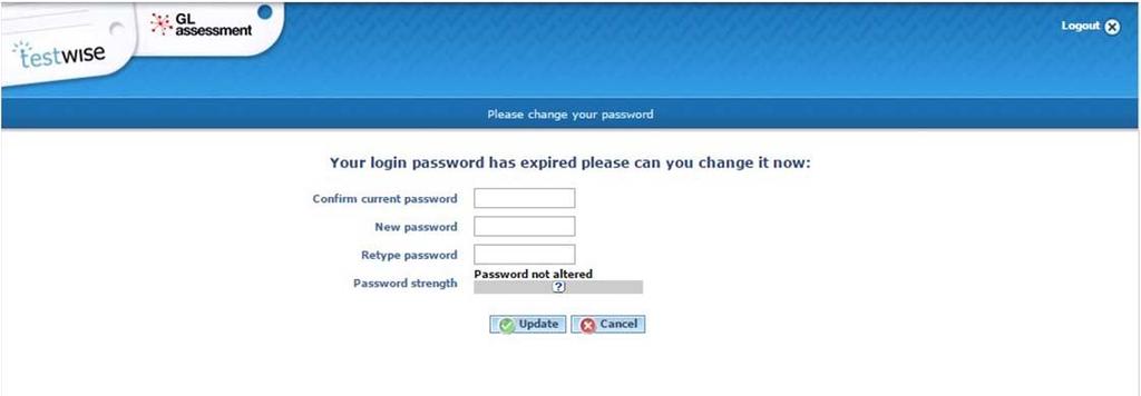 Once you have logged in you will then be asked to change your password. Confirm your current password, and then type in a new password.