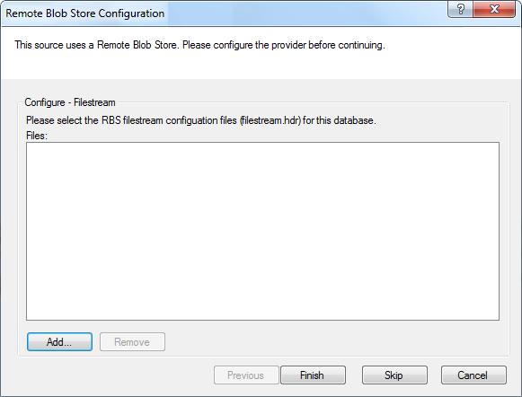 Chapter 2: Using Ontrack PowerControls Figure 2-2: Remote Blob Store dialog box with FILESTREAM provider. 2. Use the Choose configuration file dialog box to select the RBS FILESTREAM files (filestream.