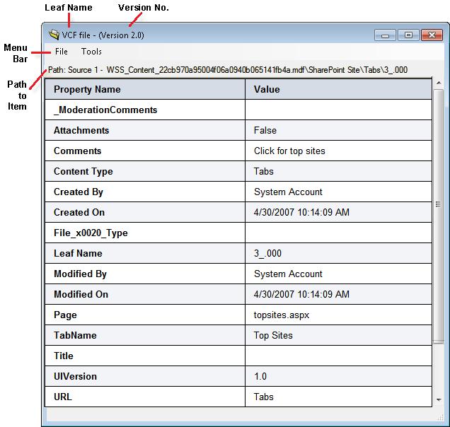 Chapter 2: Using Ontrack PowerControls Figure 2-8: Metadata for an item The title of the window is the leaf name and the version number of the item. The path to the file appears below the menu bar.