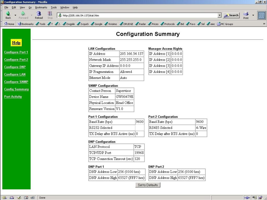 Configuration Configuration Summary Screen Figure 6: Configuration Summary Screen (Top portion shown) Operation This screen displays all current settings for this gateway.