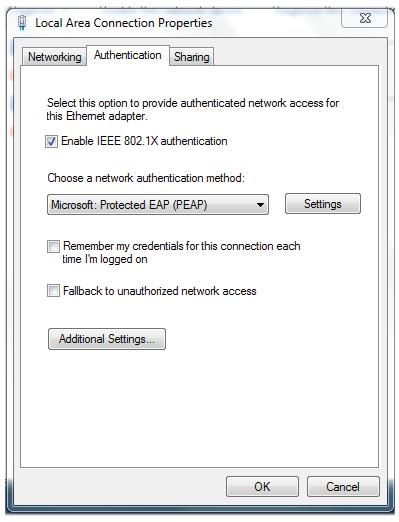 3/5 Choose the second tab, Authentication Authentication Put checkmark in the IEEE 802.1X box In the dropdown select Microsoft: Protected EAP (PEAP) Enable IEEE 802.