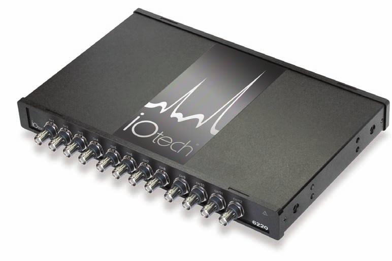 6220 Ethernet-Based Voltage Measurement Module Features 12 voltage inputs 16-bit, 100-kHz per channel sample rate ±10V input range Eight digital I/O Simultaneous sampling BNC connectors Multiple