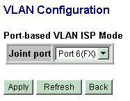 4.6.2 Port-based VLAN ISP Mode Configuration Joint port [Apply] [Refresh] [Back] Description Select a port as the joint port for all 5 port-based VLAN groups Click to apply the configuration change