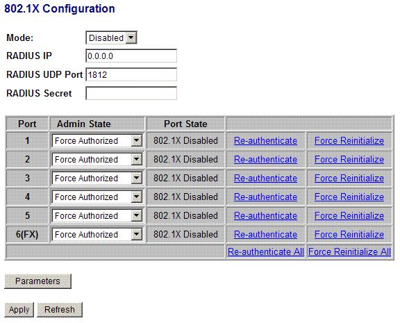 4.9 802.1X Configuration Configuration Mode RADIUS IP RADIUS UDP Port RADIUS Secret Port Admin State Port State Description Disabled - disable 802.1x function Enabled - enable 802.