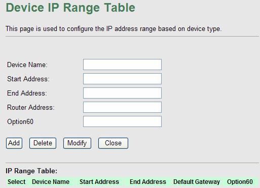 Click Set VendorClass IP Range in the DHCP Mode page, the page as shown in the following