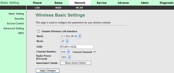 The following table describes the parameters of this page: Field Choose the working mode of the modem. You can choose from drop-down list. Band Mode SSID Channel Number By default, the band is 2.