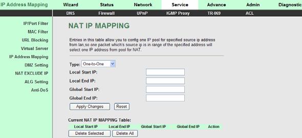 3.5.2.5 IP Address Mapping NAT is short for Network Address Translation. The Network Address Translation Settings window allows you to share one WAN IP address for multiple computers on your LAN.