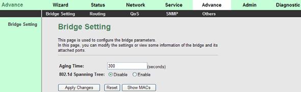 3.6 Advance In the navigation bar, click Advance. In the Advance page that is displayed contains Bridge Setting, Routing, Port Mapping, QoS, SNMP and Others. 3.6.1 Bridge Setting Choose Advance > Bridge Setting, the page shown in the following figure appears.