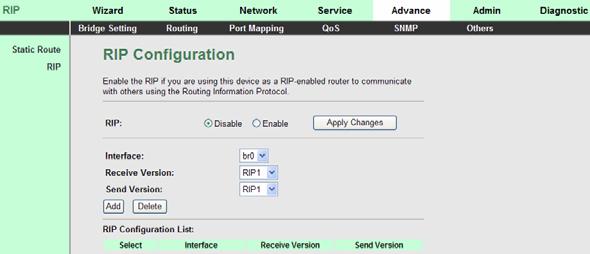 The following table describes the parameters and buttons of this page: Field RIP Apply Changes Interface Receive Version Send Version Add Delete Select Enable, the router communicates with other