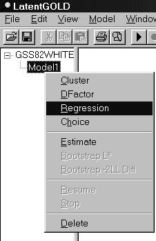 MODEL TYPE ANALYSIS PERFORMED Cluster DFactor Regression Choice LC cluster analysis DFactor analysis LC segmentation/regression analysis LC choice analysis (requires Latent GOLD Choice license) A