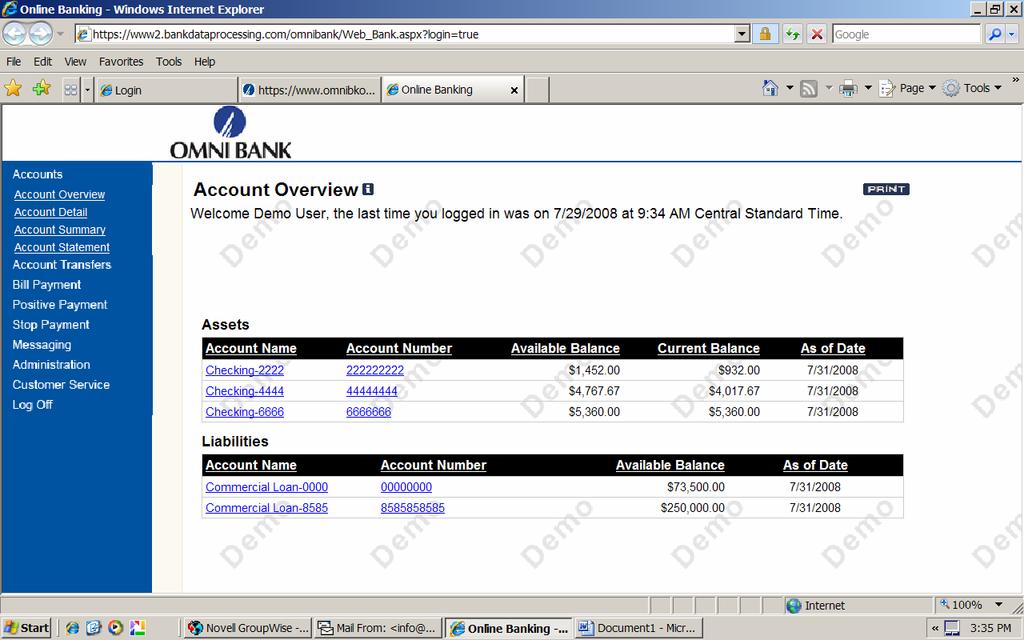 ACCOUNT SUMMARY The Account Summary is the first screen you will see once you log-in to Online Banking. It provides a quick snapshot of all your accounts.