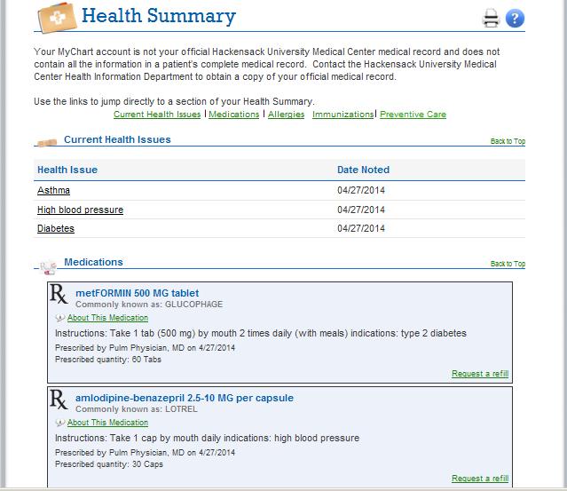 Health Summary The Health Summary provides a quick way for you to review