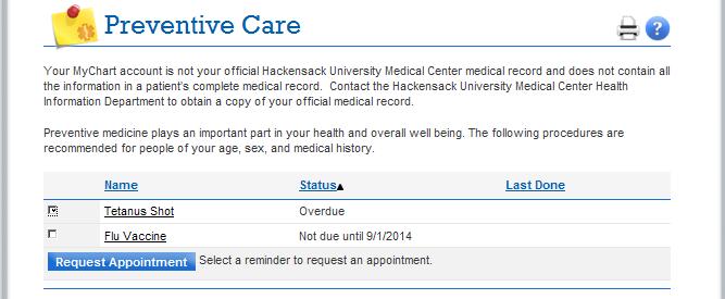 Preventive Care The Preventive Care page includes recommended procedures to help you maintain your health. For example, this section could include reminders about annual pap smears or flu shots.