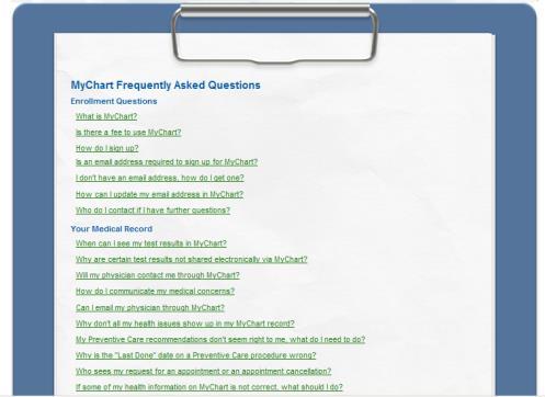 FAQs (frequently asked questions) The FAQs link will take you to a page where many of your questions about your HUMC MyChart