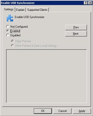 7. The Enable USB Synchronizer window appears. 8. Select Enabled. 9.
