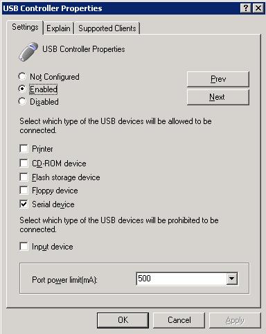 5. From Peripheral Port Settings open the USB Controller Properties. 6. Select Enabled. 7. Select Serial device and set the Port power limit(ma): to 500. 8.