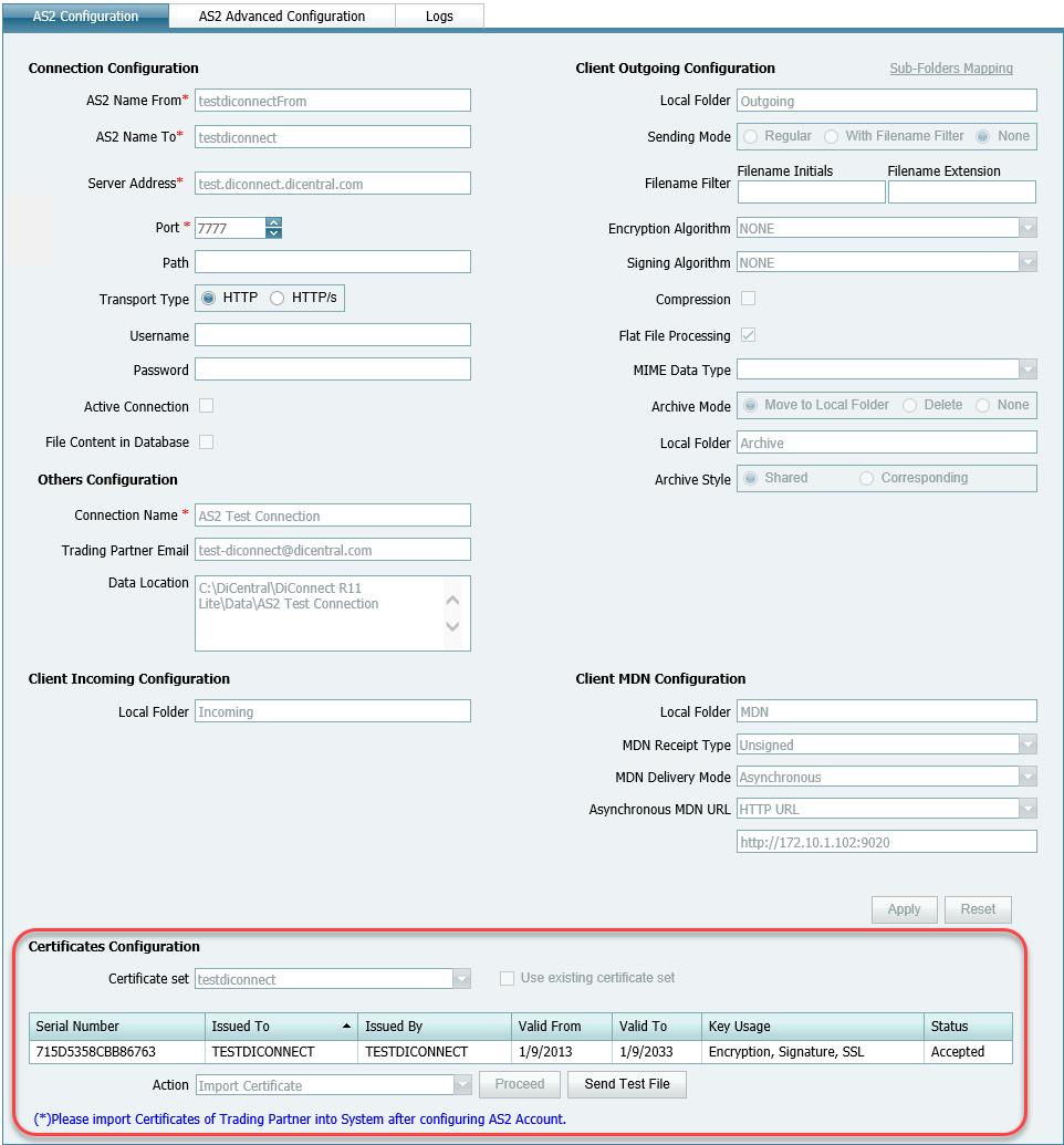 The AS2 Configuration form is displayed. 3. Fill out the AS2 Configuration form, and then click Apply. 4.