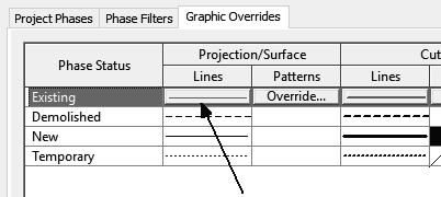 Click in the Lines column and the Line Graphics dialog will display. Projection/Surface is what is displayed in the floor plan views.