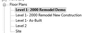 You should have three Level 1 floor plan views listed: As Built 2000 Demo 2000 New Construction. 38. Activate the Level 1-2000 Remodel Demo view. 39.