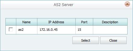The AS2 Server Setting form is loaded. 2. Click the Find Server button. The AS2 Server window is displayed. 3. Mark the desired AS2 server to be modified. 4. Click the Select button.